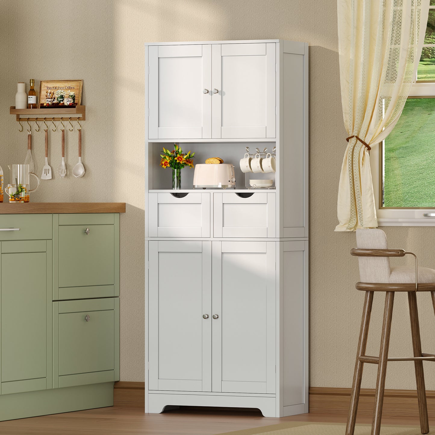 TEENFON 57.8" H Tall Storage Cabinet with 2 Drawers & 2 Adjustable Shelves, Bathroom Storage Cabinet with 4 Doors, Floor Cupboard, for Living Room, Dining Room, Entryway, Woodgrain Gray