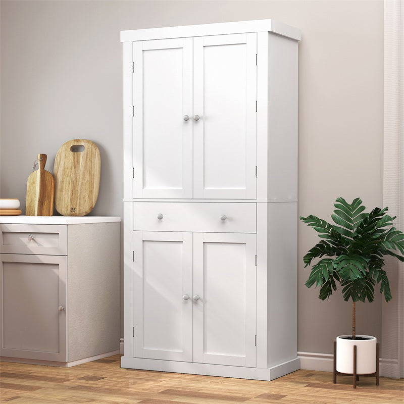 72” Tall Pantry Cabinet, Tall Storage Cabinet with 6 Doors Shelves and 1 Drawer, Kitchen Pantry Cabinet, Cupboard with 4 Door for Kitchen, Dinging Room, Living Room, Whit