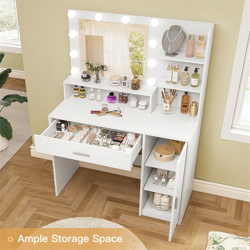 Vanity Desk with 10 Lights & Mirror, 3 Storage Shelf, Big Drawer, Cabinet with Shelves, 3 Lighting Modes & Adjustable Brightness Dressing Table, Small Makeup Vanity, 35.4” Desk, White