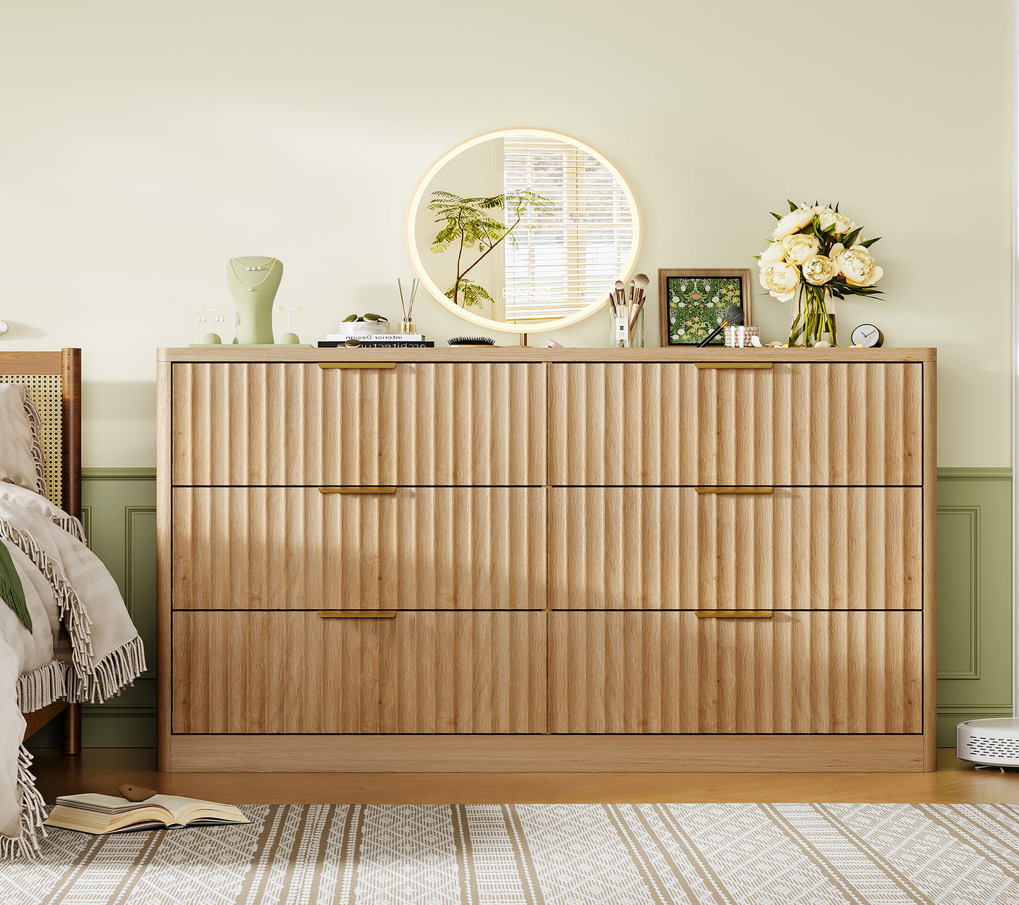 TEENFON 6 Drawer Dresser for Bedroom, Fluted Dresser with Deep Drawers, Modern Chest of Drawers, Wood Closet Clothes Storage Organizer for Bedroom, Living Room, Hallway, Natural
