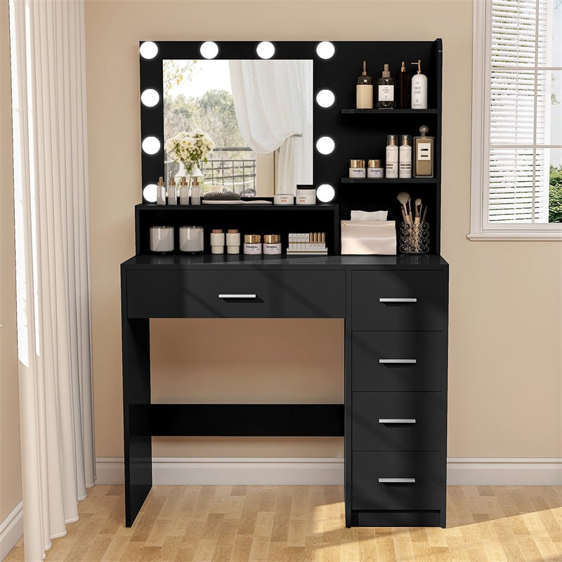 Makeup Vanity Desk with Mirror, 10 Lights, 5 Drawers, 3 Storage Shelves, 3 Color Modes & Adjustable Brightness Dressing Table, 35.4” Desk, Black