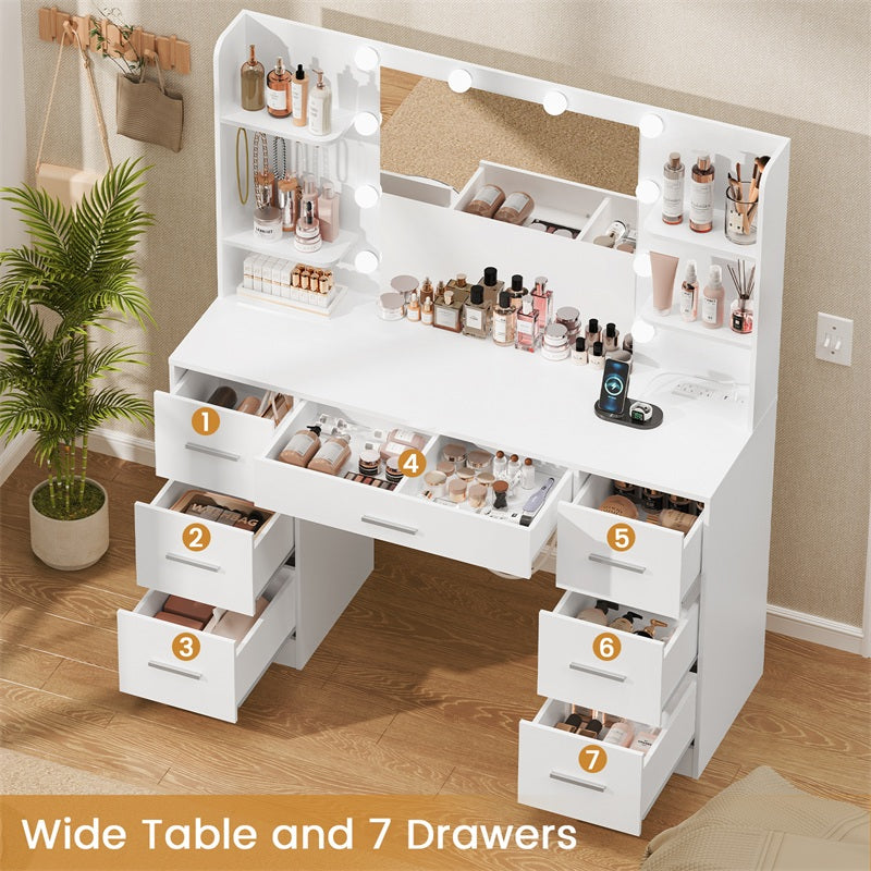 Large Makeup Vanity, 43.3" Vanity Desk with Mirror and Lights, Makeup Vanity Table with 7 Drawers, 4 Shelves, 5 Jewel Hooks & Power Strip, Vanity Desk Set for Bedroom, White