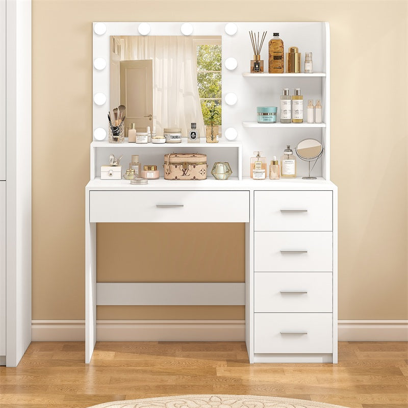 Makeup Vanity Desk with Mirror, 10 Lights, 5 Drawers, 3 Storage Shelves, 3 Color Modes & Adjustable Brightness Dressing Table, 35.4” Desk, White