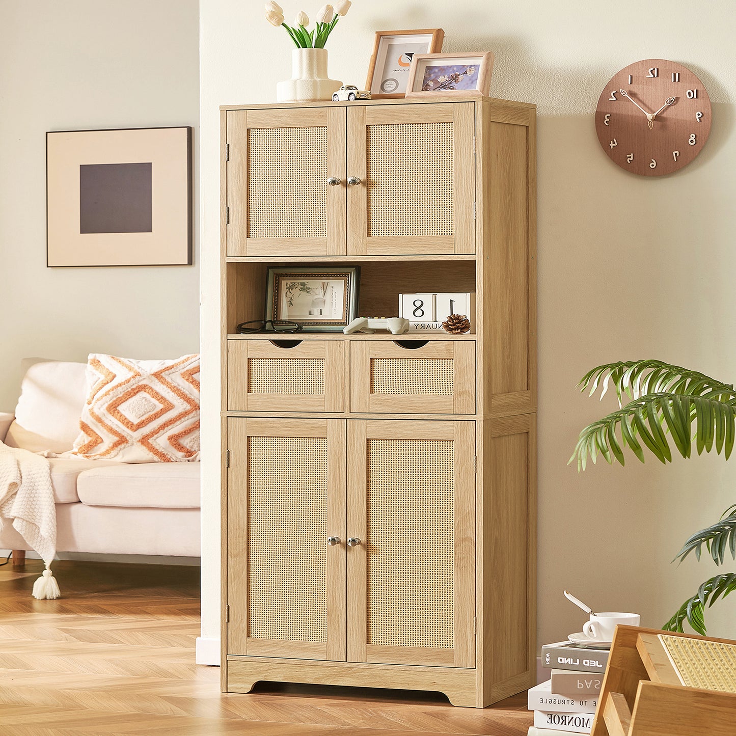 57.8" H Tall Storage Cabinet with 2 Drawers & 2 Adjustable Shelves, Floor Cabinet with 4 Doors, Tall Cabinet for Living Room, Dining Room, Entryway, Black
