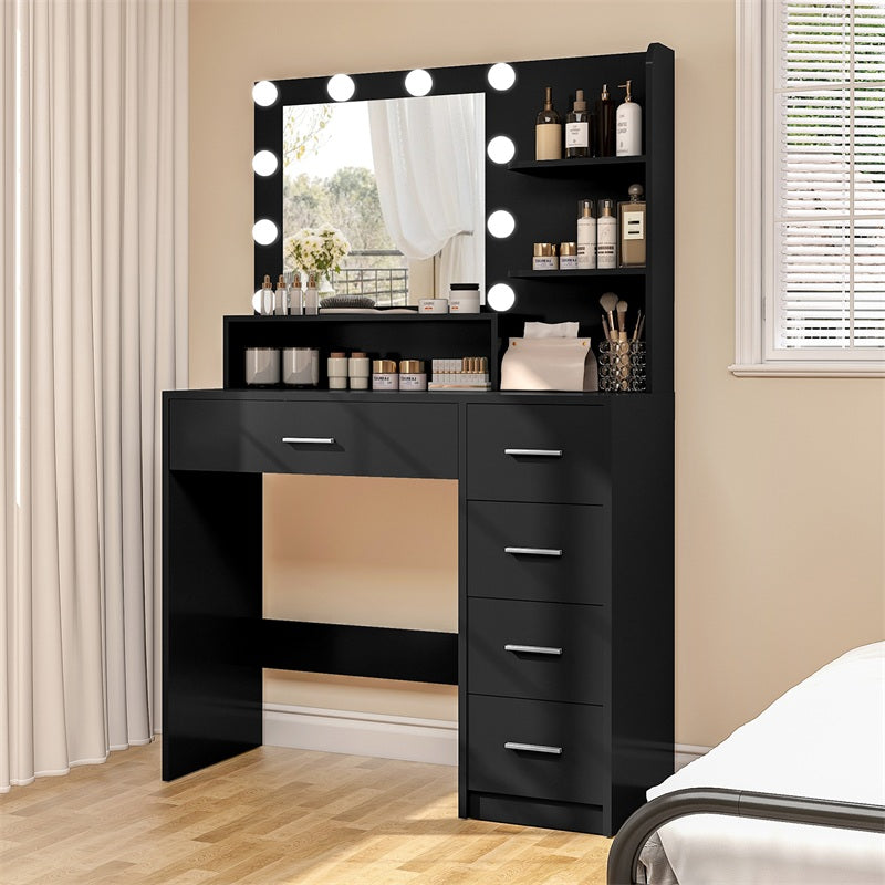 Makeup Vanity Desk with Mirror, 10 Lights, 5 Drawers, 3 Storage Shelves, 3 Color Modes & Adjustable Brightness Dressing Table, 35.4” Desk, Black