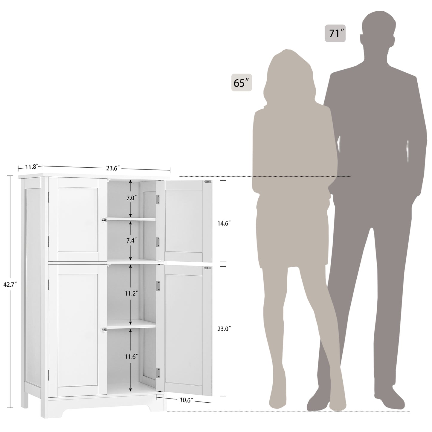 TEENFON Bathroom Floor Storage Cabinet, Freestanding Bathroom Storage Unit with 2 Adjustable Shelves & 4 Doors, 11.8 x 23.6 x 42.7 Inches, White