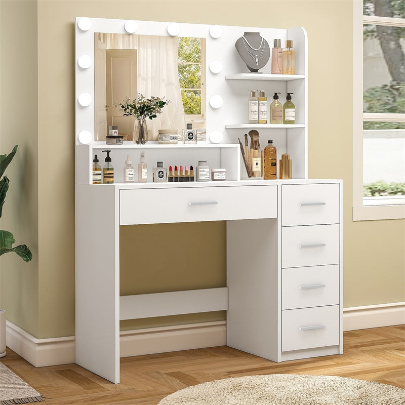 Makeup Vanity Desk with Mirror, 10 Lights, 5 Drawers, 3 Storage Shelves, 3 Color Modes & Adjustable Brightness Dressing Table, 35.4” Desk, White