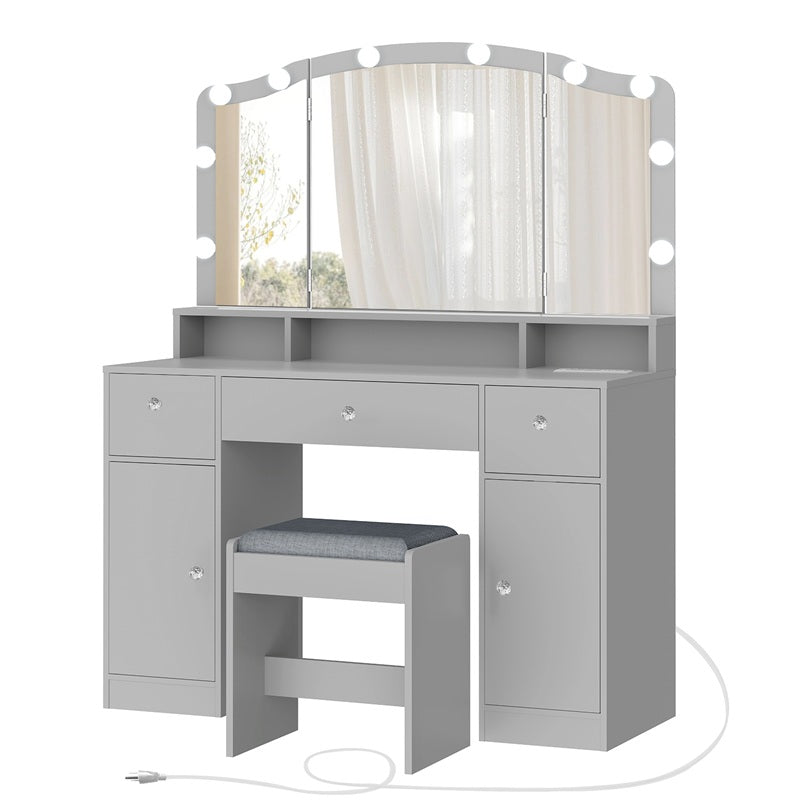 Vanity Desk with Triple Folding Mirror, Makeup Vanity with Power Outlet, Vanity Desk with 10 Lights, 3 Drawers & 2 Cabinets, Makeup Vanity Table with Soft Cushioned Stool for Women, Bedroom, Grey