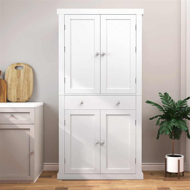72” Tall Pantry Cabinet, Tall Storage Cabinet with 6 Doors Shelves and 1 Drawer, Kitchen Pantry Cabinet, Cupboard with 4 Door for Kitchen, Dinging Room, Living Room, Whit