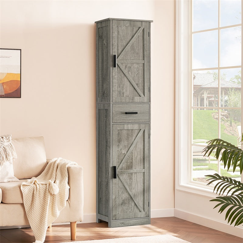 Tall Bathroom Cabinet, Storage Cabinet with 6 Shelves & Drawer, Bathroom Storage Cabinet with Adjustable Shelves, Tall Cabinet for Living Room, Kitchen, Woodgrain Gray