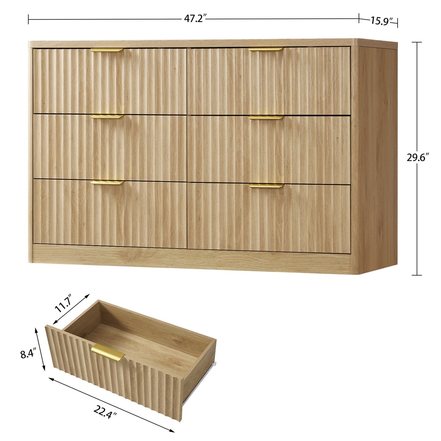 TEENFON 6 Drawer Dresser for Bedroom, Fluted Dresser with Deep Drawers, Modern Chest of Drawers, Wood Closet Clothes Storage Organizer for Bedroom, Living Room, Hallway, Natural