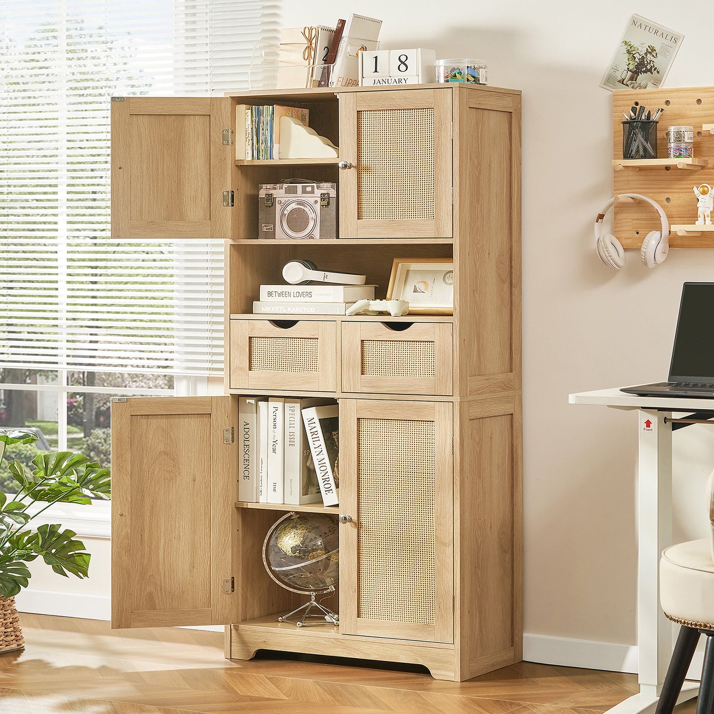 57.8" H Tall Storage Cabinet with 2 Drawers & 2 Adjustable Shelves, Floor Cabinet with 4 Doors, Tall Cabinet for Living Room, Dining Room, Entryway, Black