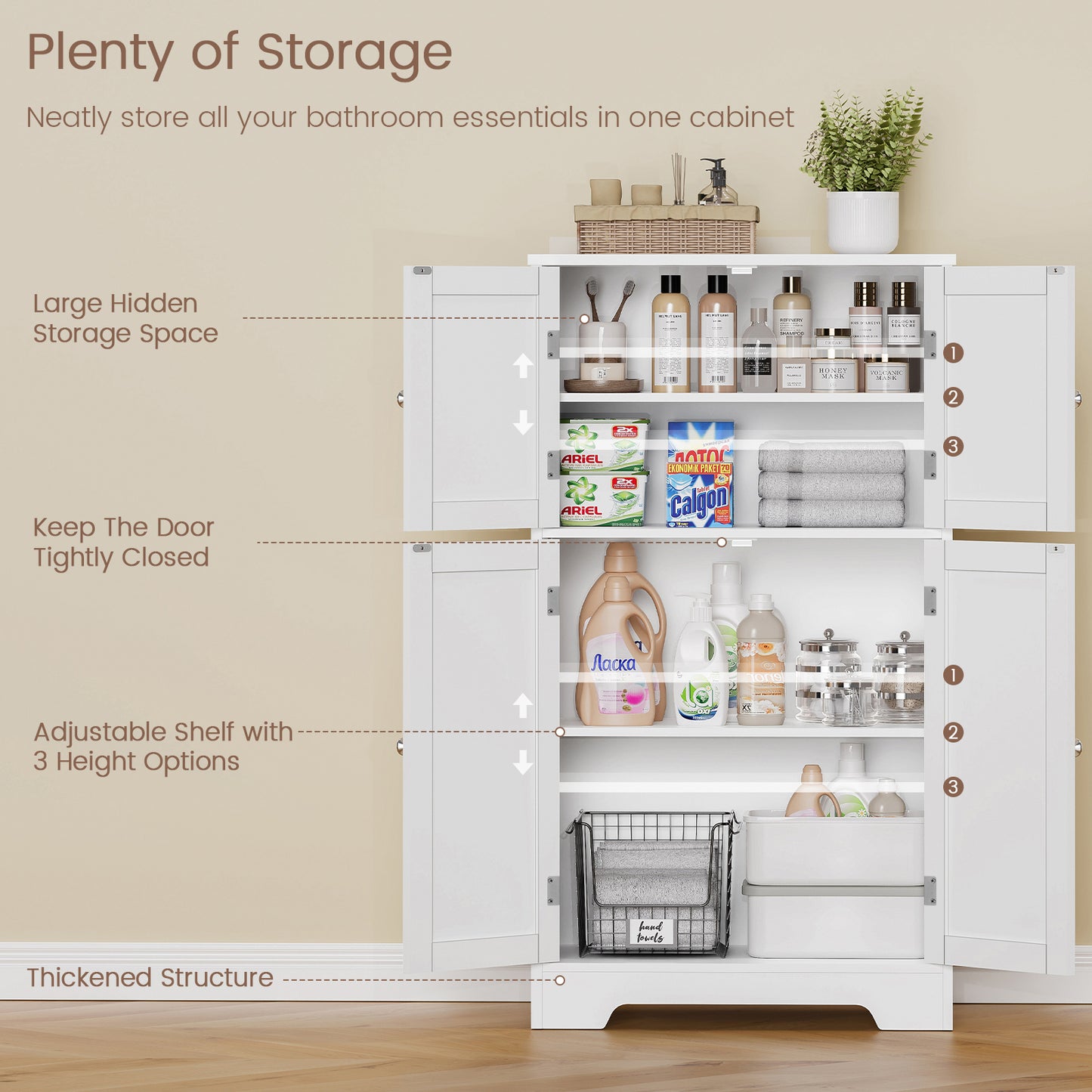 TEENFON Bathroom Floor Storage Cabinet, Freestanding Bathroom Storage Unit with 2 Adjustable Shelves & 4 Doors, 11.8 x 23.6 x 42.7 Inches, White