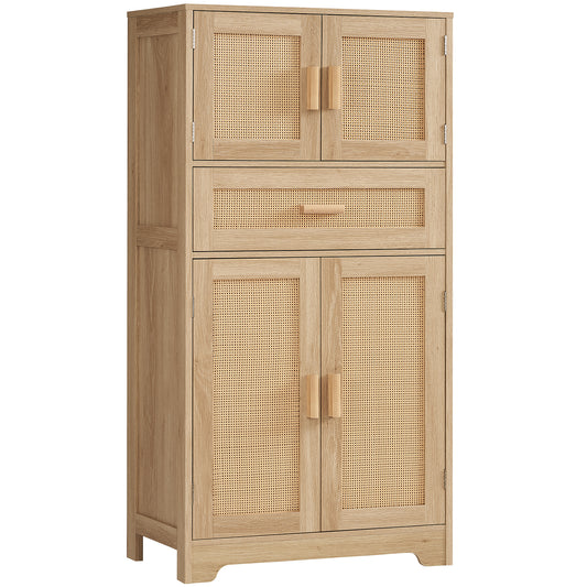 TEENFON 47.2" H Tall Storage Cabinet with Adjustable Shelf, Rattan Cabinet with Large Drawer, Cupboard for Living Room, Dining Room, Entryway, Home Office, Natural