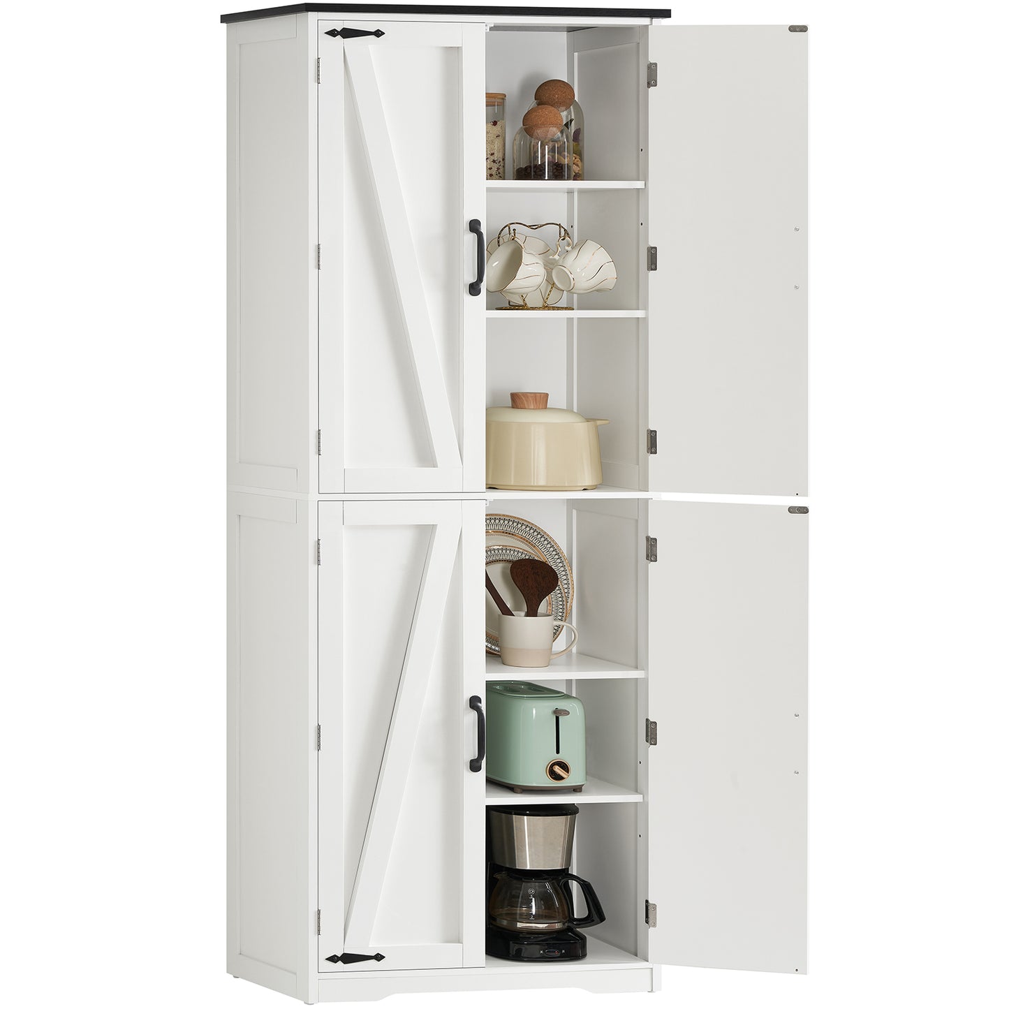 TEENFON 67" Kitchen Pantry Cabinet with 4 Doors, Farmhouse Pantry Cabinet with Adjustable Shelves, Storage Cabinet for Kitchen, Bathroom, Living Room, White