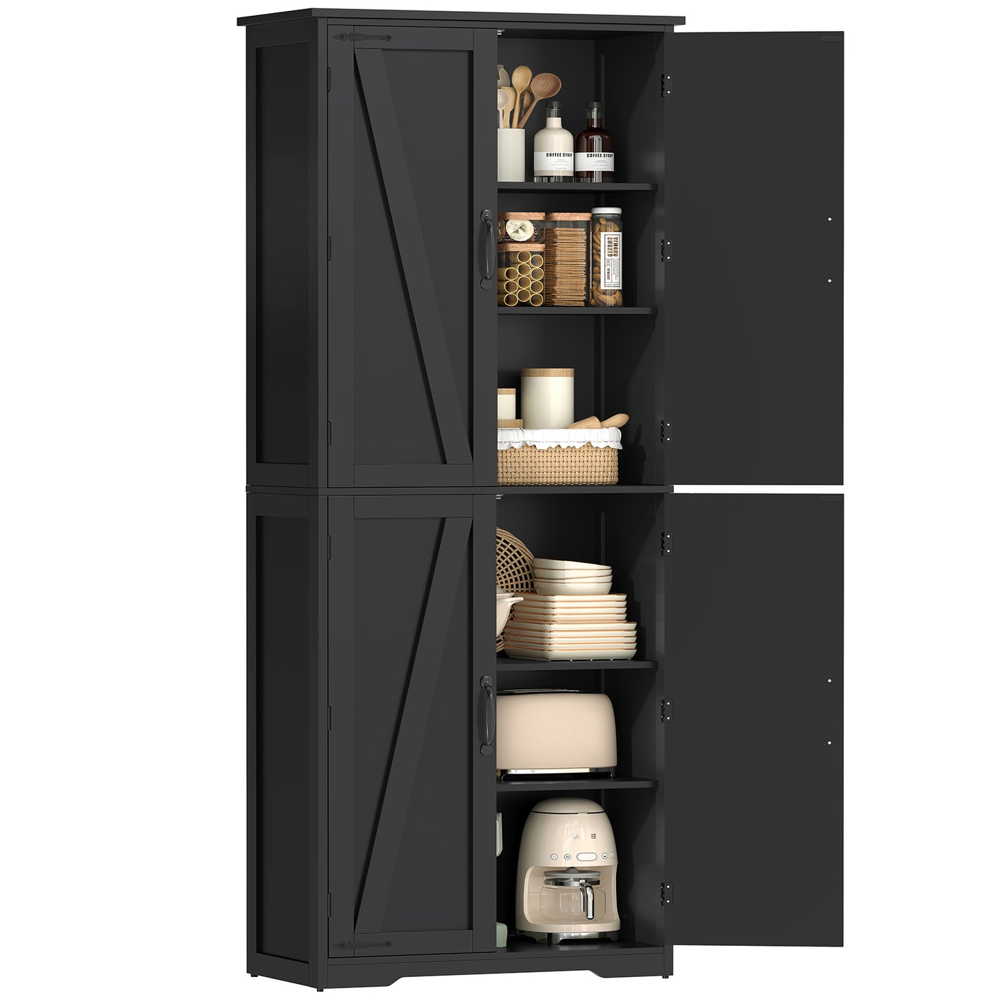TEENFON 67" Kitchen Pantry Cabinet with 4 Doors, Farmhouse Pantry Cabinet with Adjustable Shelves, Storage Cabinet for Kitchen, Bathroom, Living Room, Black