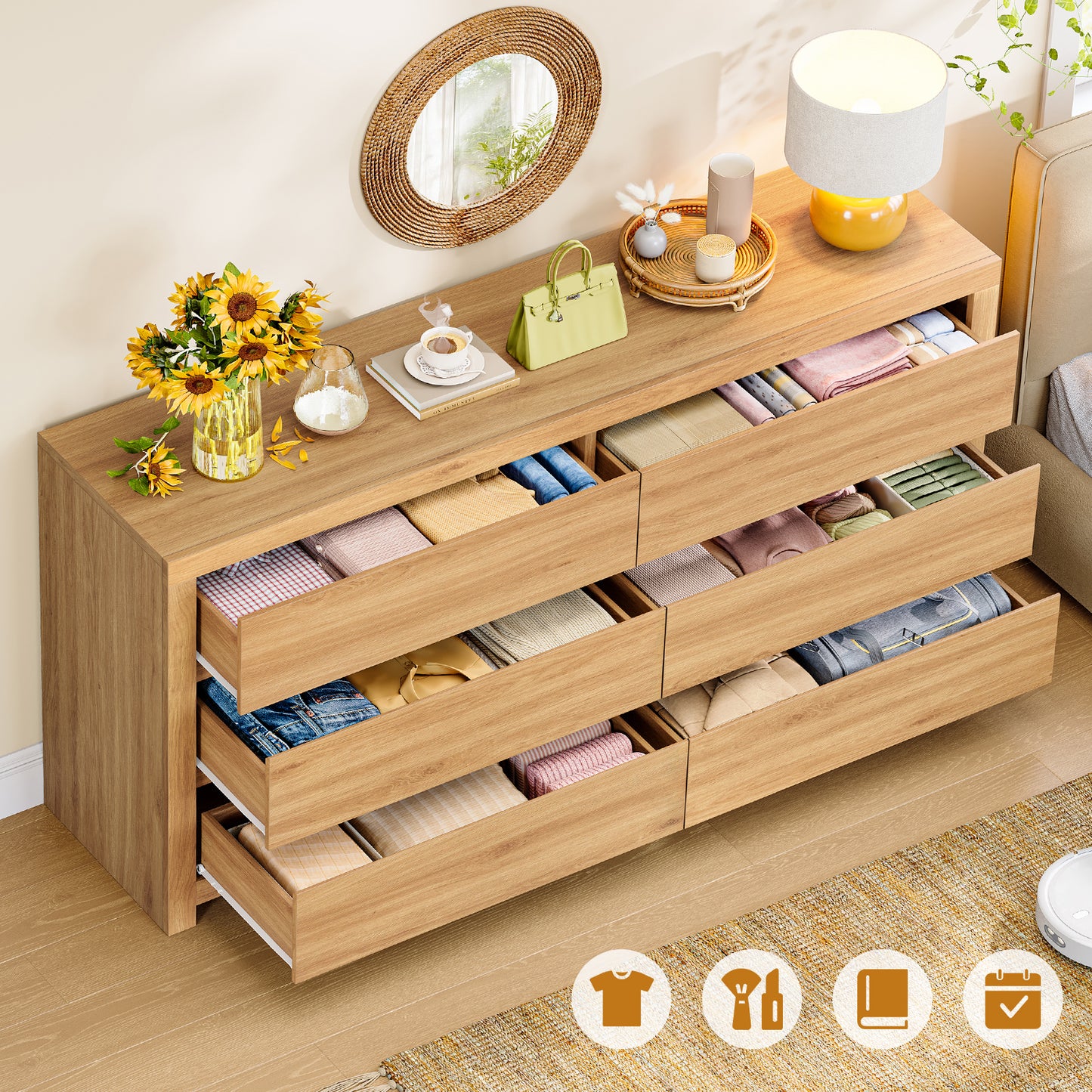 TEENFON 55" Dresser for Bedroom with 6 Drawers, Modern Dressers & Chests of Drawers with Metal Handles, Wooden Dresser TV Stand, Bedroom Dressers for Living Room, Hallway, Natural