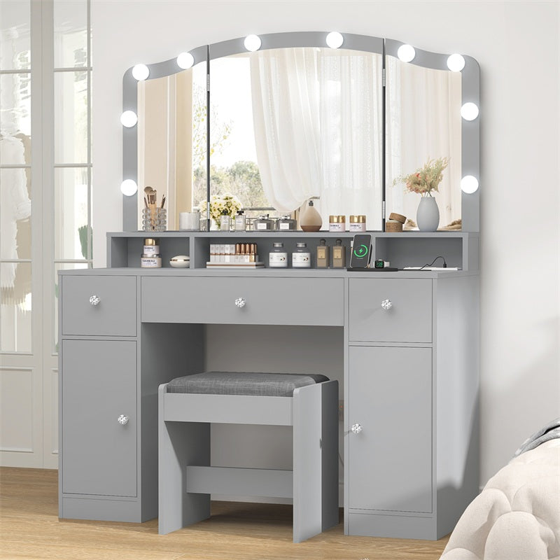 Vanity Desk with Triple Folding Mirror, Makeup Vanity with Power Outlet, Vanity Desk with 10 Lights, 3 Drawers & 2 Cabinets, Makeup Vanity Table with Soft Cushioned Stool for Women, Bedroom, Grey