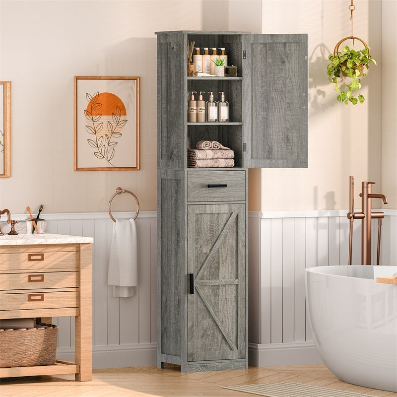 Tall Bathroom Cabinet, Storage Cabinet with 6 Shelves & Drawer, Bathroom Storage Cabinet with Adjustable Shelves, Tall Cabinet for Living Room, Kitchen, Woodgrain Gray