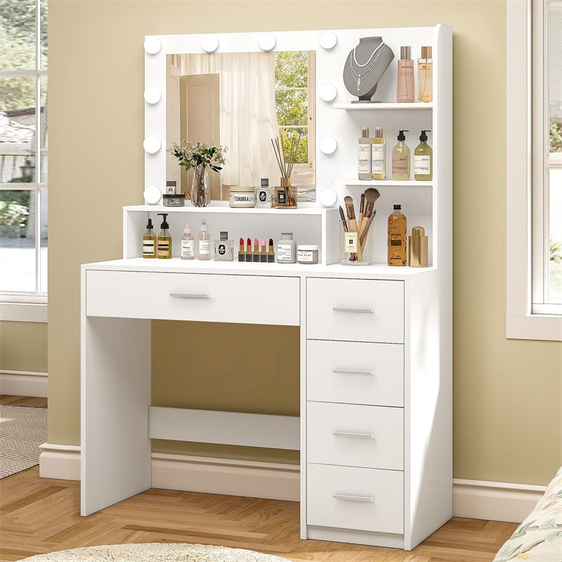 Makeup Vanity Desk with Mirror, 10 Lights, 5 Drawers, 3 Storage Shelves, 3 Color Modes & Adjustable Brightness Dressing Table, 35.4” Desk, White
