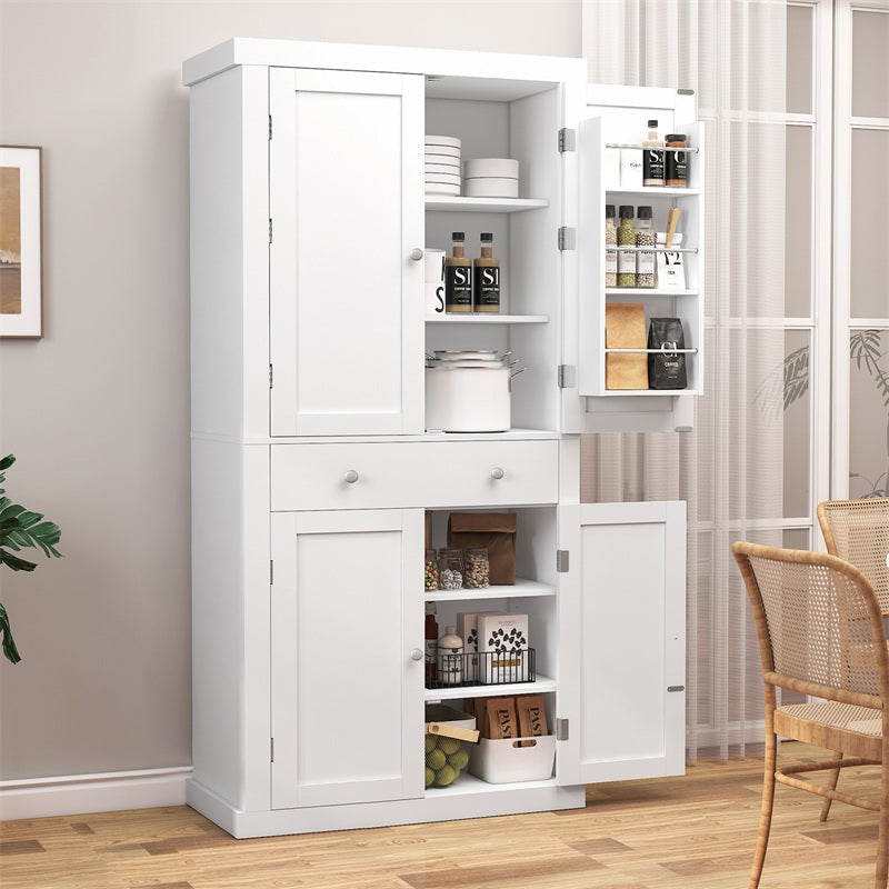 72” Tall Pantry Cabinet, Tall Storage Cabinet with 6 Doors Shelves and 1 Drawer, Kitchen Pantry Cabinet, Cupboard with 4 Door for Kitchen, Dinging Room, Living Room, Whit
