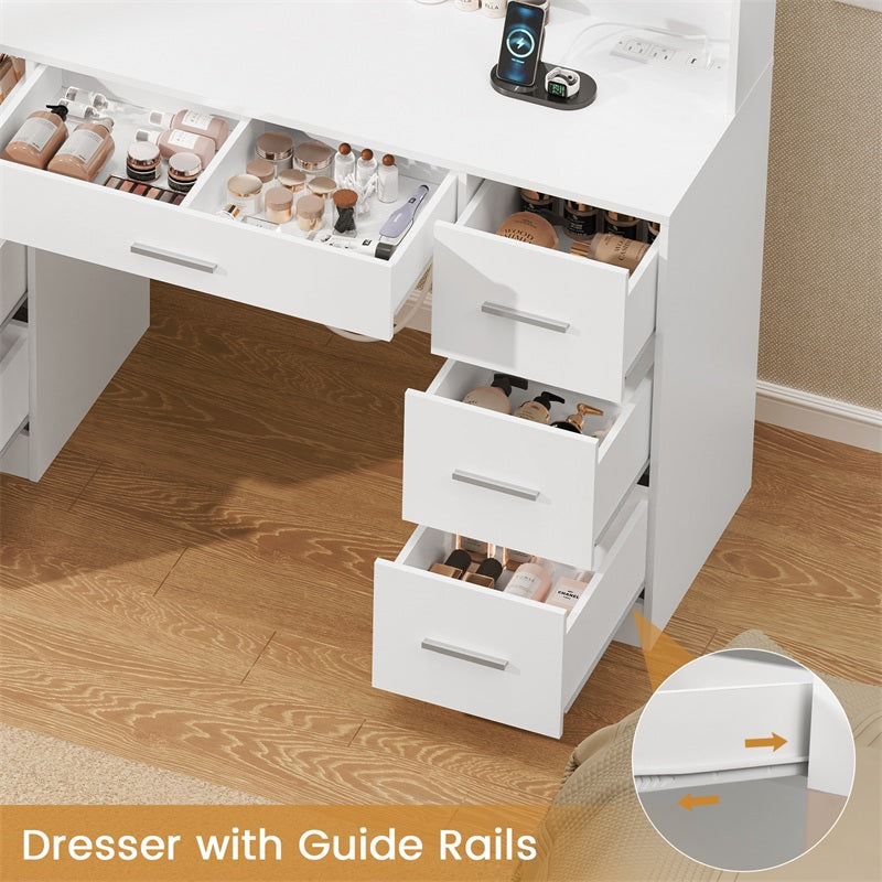 Large Makeup Vanity, 43.3" Vanity Desk with Mirror and Lights, Makeup Vanity Table with 7 Drawers, 4 Shelves, 5 Jewel Hooks & Power Strip, Vanity Desk Set for Bedroom, White