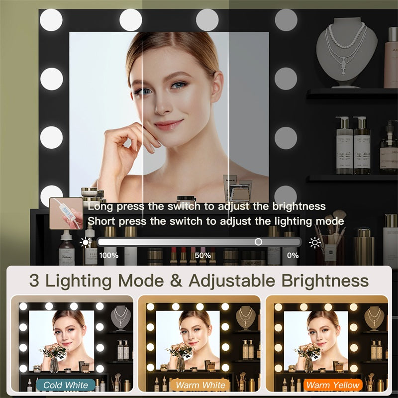 Vanity Desk with 10 Lights & Mirror, 3 Storage Shelf, Big Drawer, Cabinet with Shelves, 3 Lighting Modes & Adjustable Brightness Dressing Table, Small Makeup Vanity, 35.4” Desk, Black