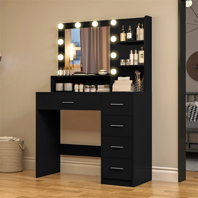 Makeup Vanity Desk with Mirror, 10 Lights, 5 Drawers, 3 Storage Shelves, 3 Color Modes & Adjustable Brightness Dressing Table, 35.4” Desk, Black