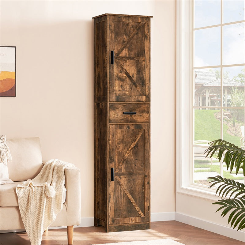 Tall Bathroom Cabinet, Storage Cabinet with 6 Shelves & Drawer, Bathroom Storage Cabinet with Adjustable Shelves, Tall Cabinet for Living Room, Kitchen, Rustic Brown