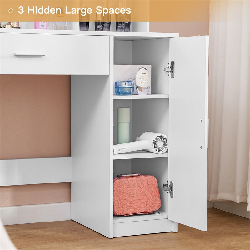 Vanity Desk with 10 Lights & Mirror, 3 Storage Shelf, Big Drawer, Cabinet with Shelves, 3 Lighting Modes & Adjustable Brightness Dressing Table, Small Makeup Vanity, 35.4” Desk, White