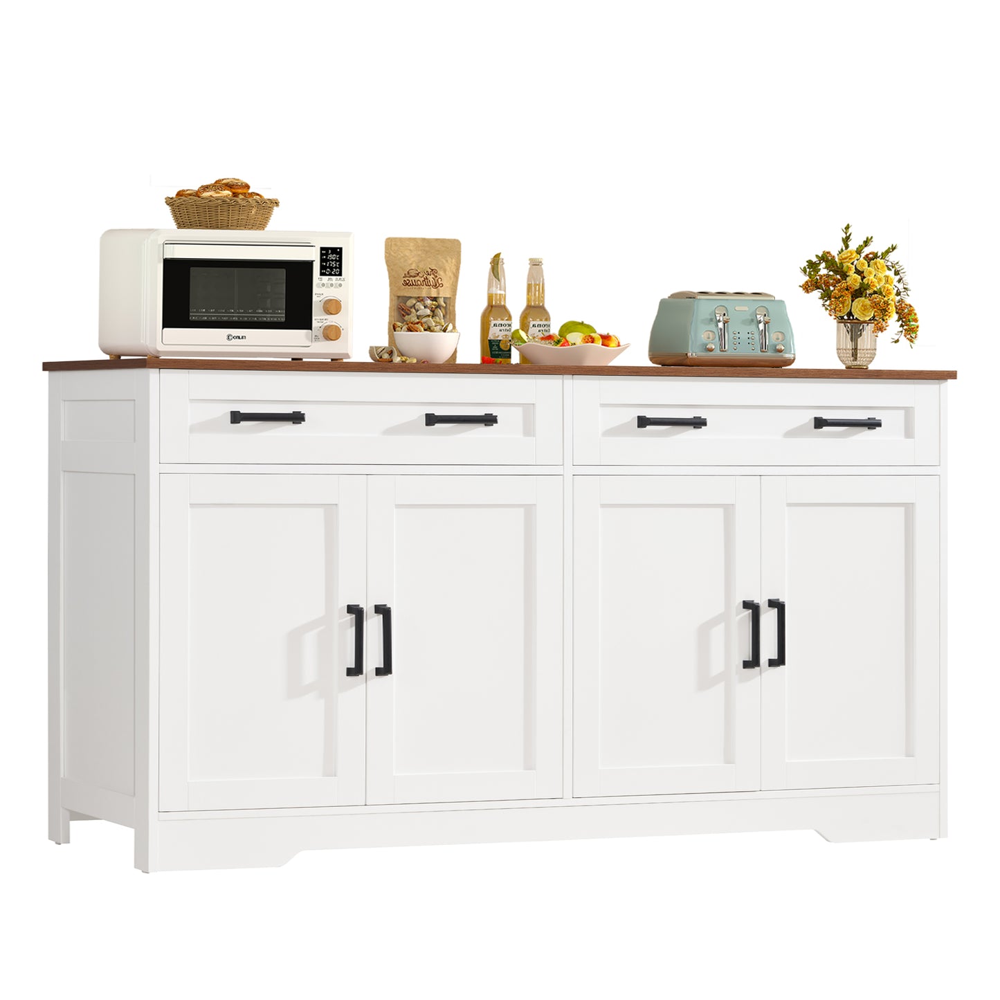 TEENFON 55” Buffet Cabinet with Storage and 2 Drawers, Large Sideboard Cabinet with 2 Adjustable Shelves and 4 Doors, Coffee Bar, Buffet Table for Kitchen, Dining Room, White
