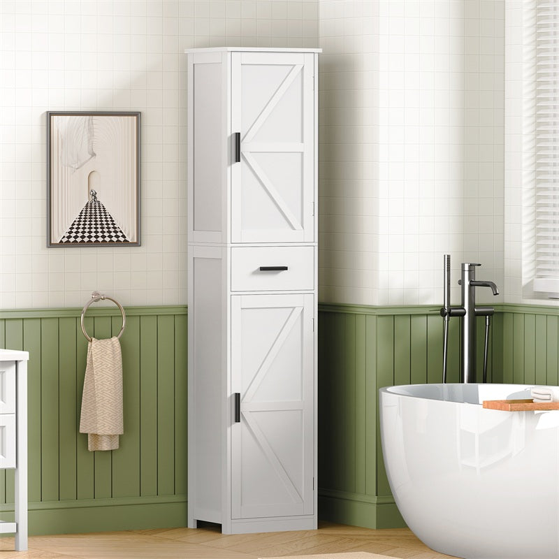 Tall Bathroom Cabinet, Storage Cabinet with 6 Shelves & Drawer, Bathroom Storage Cabinet with Adjustable Shelves, Tall Cabinet for Living Room, Kitchen, White