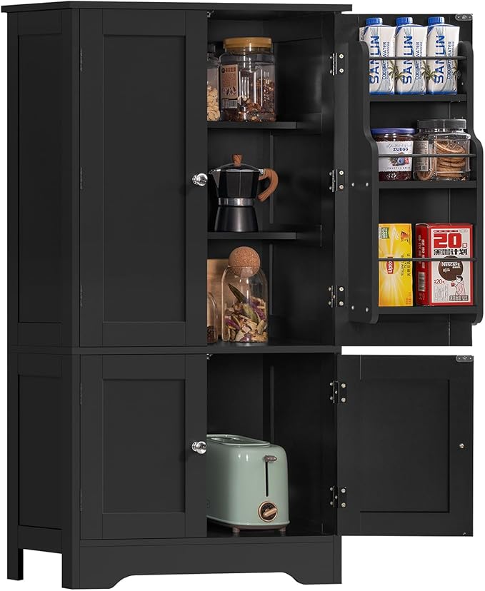TEENFON Storage Cabinet with 4 Doors, Kitchen Cabinet with 6 Door Shelves, Kitchen Pantry for Living Room, Dining Room, Bathroom, Black