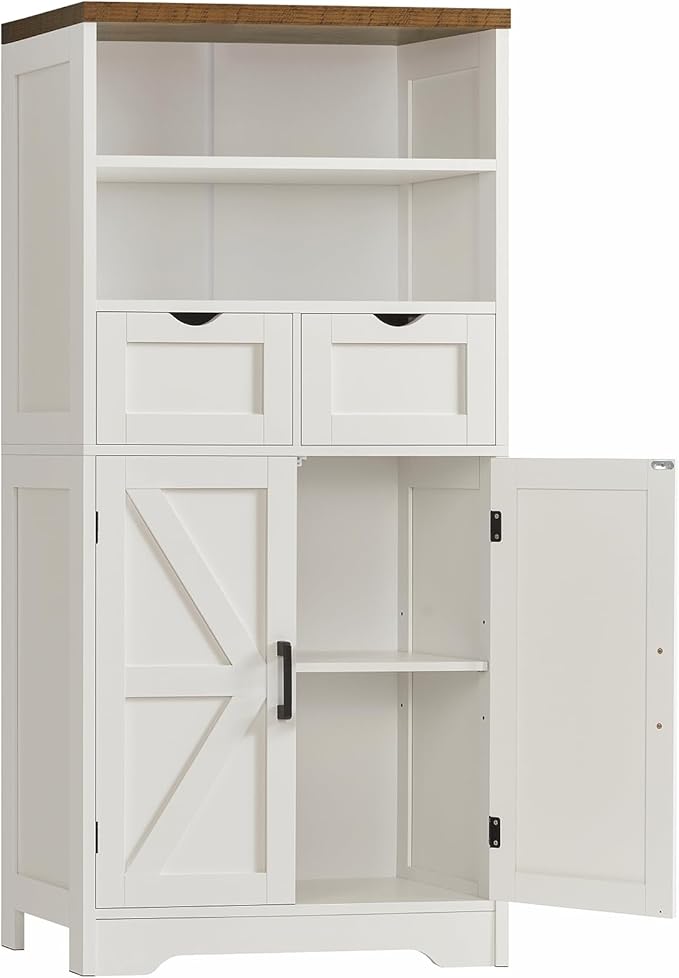 TEENFON Storage Cabinet with Doors & 2 Drawers, Kitchen Cabinet with Adjustable Shelf, Pantry Cabinets, Bathroom Cabinets, for Living Room, Entryway, Home Office, White