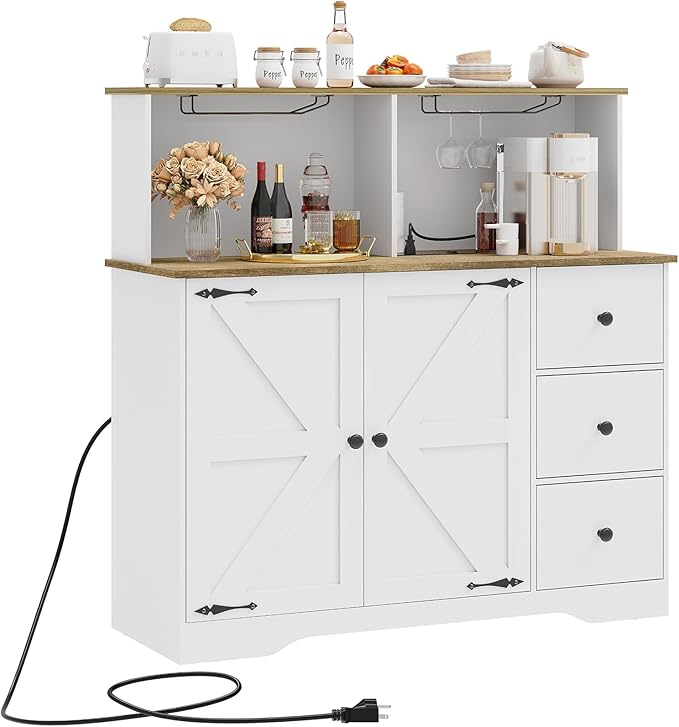 TEENFON Farmhouse Coffee Bar Cabinet with Power Outlet, Sideboard Buffet Cabinet with Wine and Glass Rack & Adjustable Shelves, Wine Cabinet, Home Liquor Bar for Kitchen, White