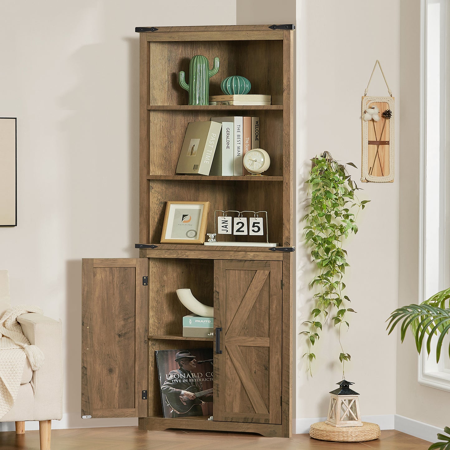 TEENONF Farmhouse Corner Cabinet, 70" H Tall Corner Hutch with 5 Shelves & 2 Barn Doors, Bathroom Cabinet with Adjustable Shelf, for Living Room, Kitchen, Bathroom, White