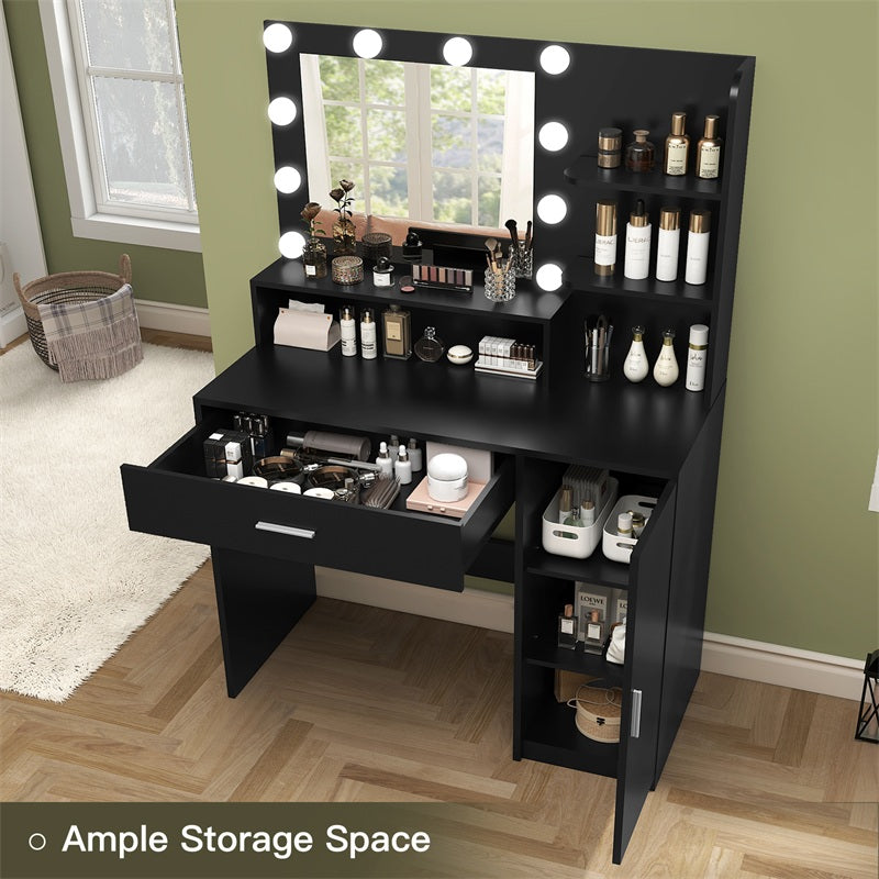 Vanity Desk with 10 Lights & Mirror, 3 Storage Shelf, Big Drawer, Cabinet with Shelves, 3 Lighting Modes & Adjustable Brightness Dressing Table, Small Makeup Vanity, 35.4” Desk, Black