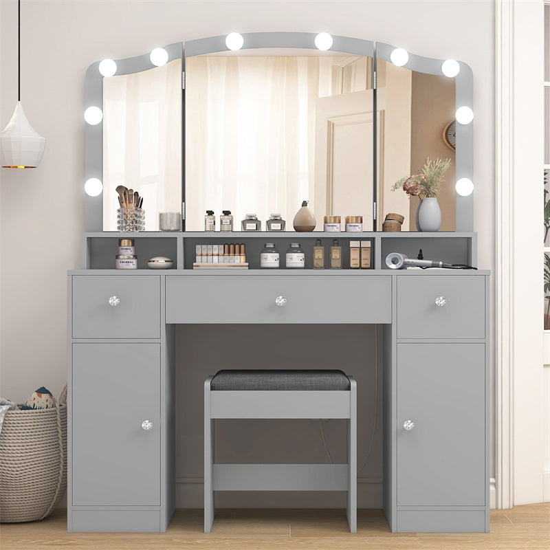 Vanity Desk with Triple Folding Mirror, Makeup Vanity with Power Outlet, Vanity Desk with 10 Lights, 3 Drawers & 2 Cabinets, Makeup Vanity Table with Soft Cushioned Stool for Women, Bedroom, Grey