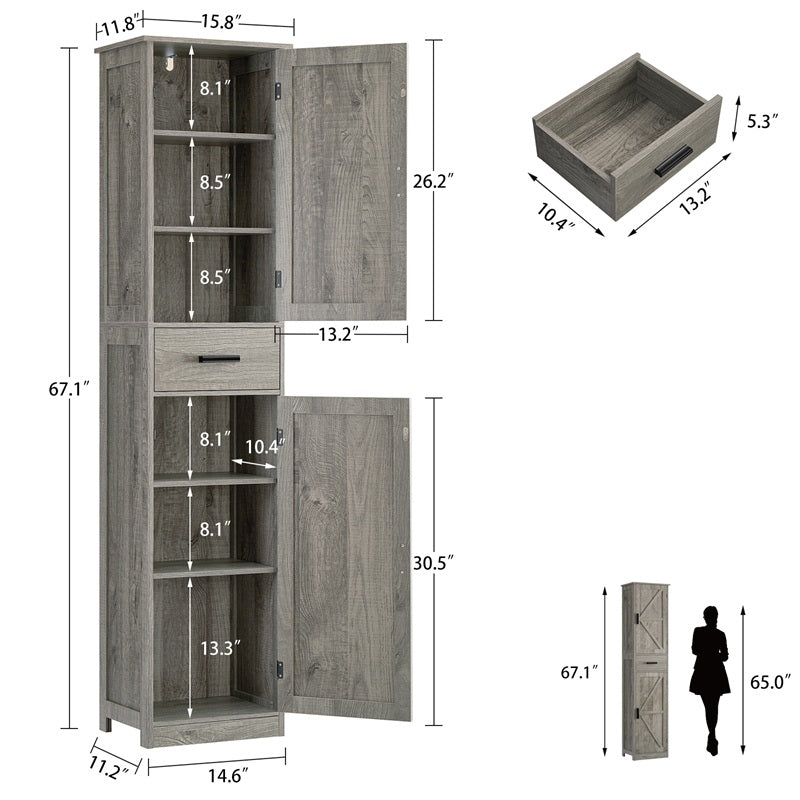 Tall Bathroom Cabinet, Storage Cabinet with 6 Shelves & Drawer, Bathroom Storage Cabinet with Adjustable Shelves, Tall Cabinet for Living Room, Kitchen, Woodgrain Gray