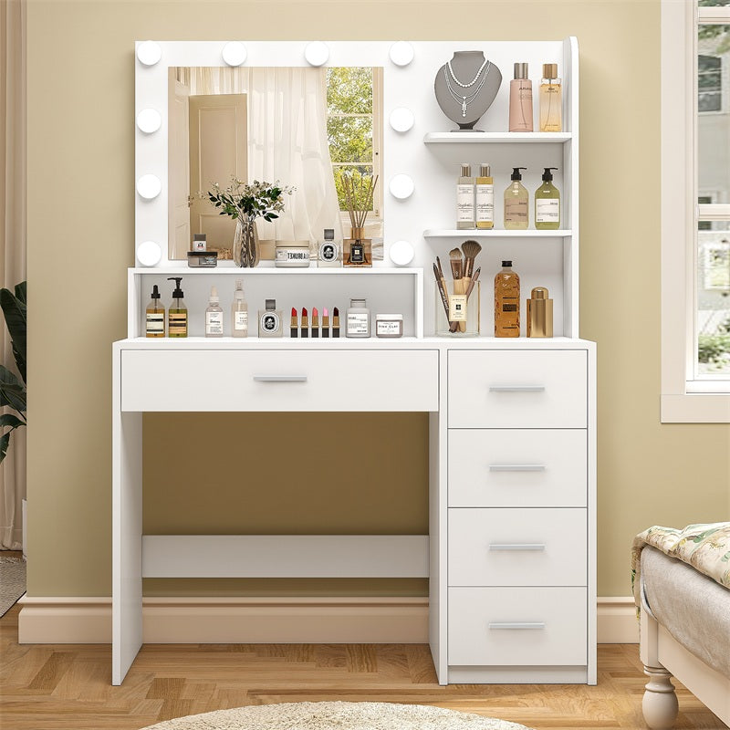 Makeup Vanity Desk with Mirror, 10 Lights, 5 Drawers, 3 Storage Shelves, 3 Color Modes & Adjustable Brightness Dressing Table, 35.4” Desk, White