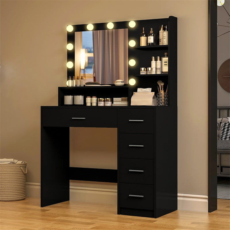 Makeup Vanity Desk with Mirror, 10 Lights, 5 Drawers, 3 Storage Shelves, 3 Color Modes & Adjustable Brightness Dressing Table, 35.4” Desk, Black