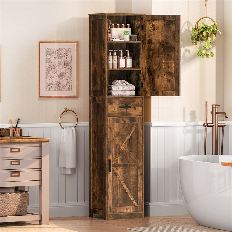 Tall Bathroom Cabinet, Storage Cabinet with 6 Shelves & Drawer, Bathroom Storage Cabinet with Adjustable Shelves, Tall Cabinet for Living Room, Kitchen, Rustic Brown