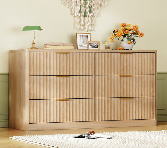 TEENFON 6 Drawer Dresser for Bedroom, Fluted Dresser with Deep Drawers, Modern Chest of Drawers, Wood Closet Clothes Storage Organizer for Bedroom, Living Room, Hallway, Natural