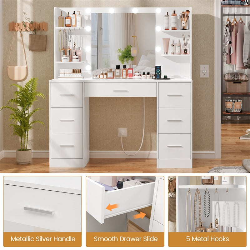 Large Makeup Vanity, 43.3" Vanity Desk with Mirror and Lights, Makeup Vanity Table with 7 Drawers, 4 Shelves, 5 Jewel Hooks & Power Strip, Vanity Desk Set for Bedroom, White