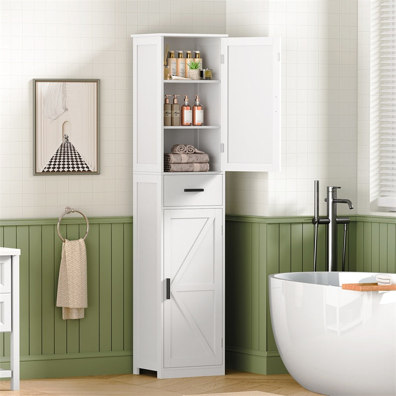Tall Bathroom Cabinet, Storage Cabinet with 6 Shelves & Drawer, Bathroom Storage Cabinet with Adjustable Shelves, Tall Cabinet for Living Room, Kitchen, White