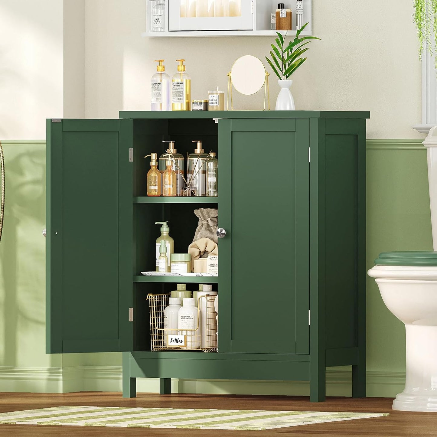 TEENFON Bathroom Cabinet, Bathroom Storage Cabinet with 2 Doors & 3 Shelves, 3 Heights Available, for Living Room, Entryway, Home Office, Green
