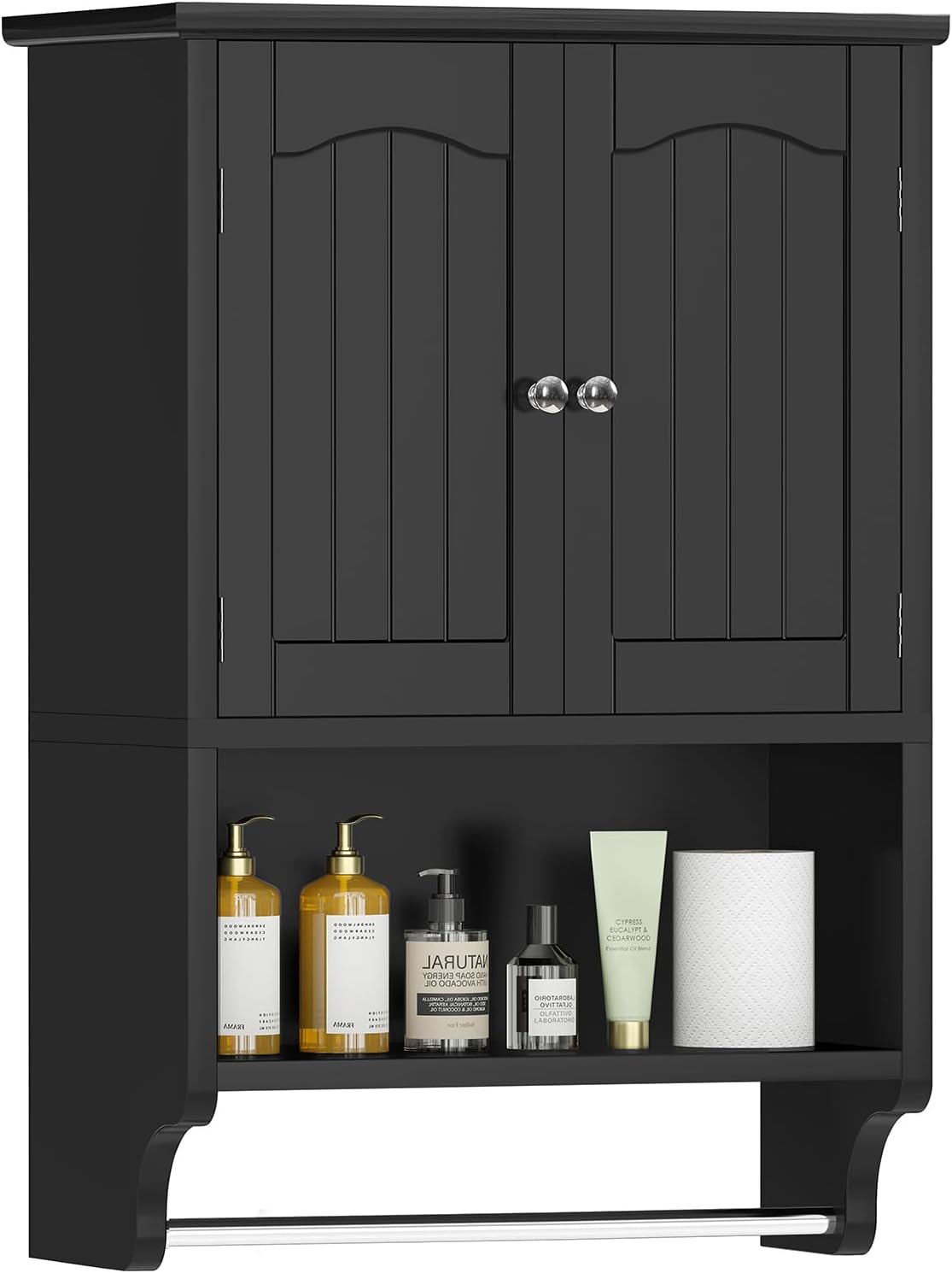 TEENFON Bathroom Wall Cabinet with Adjustable Shelves and Towel Rack, Wall Mounted Over The Toilet Storage Cabinet for Bathroom, Living Room, Black