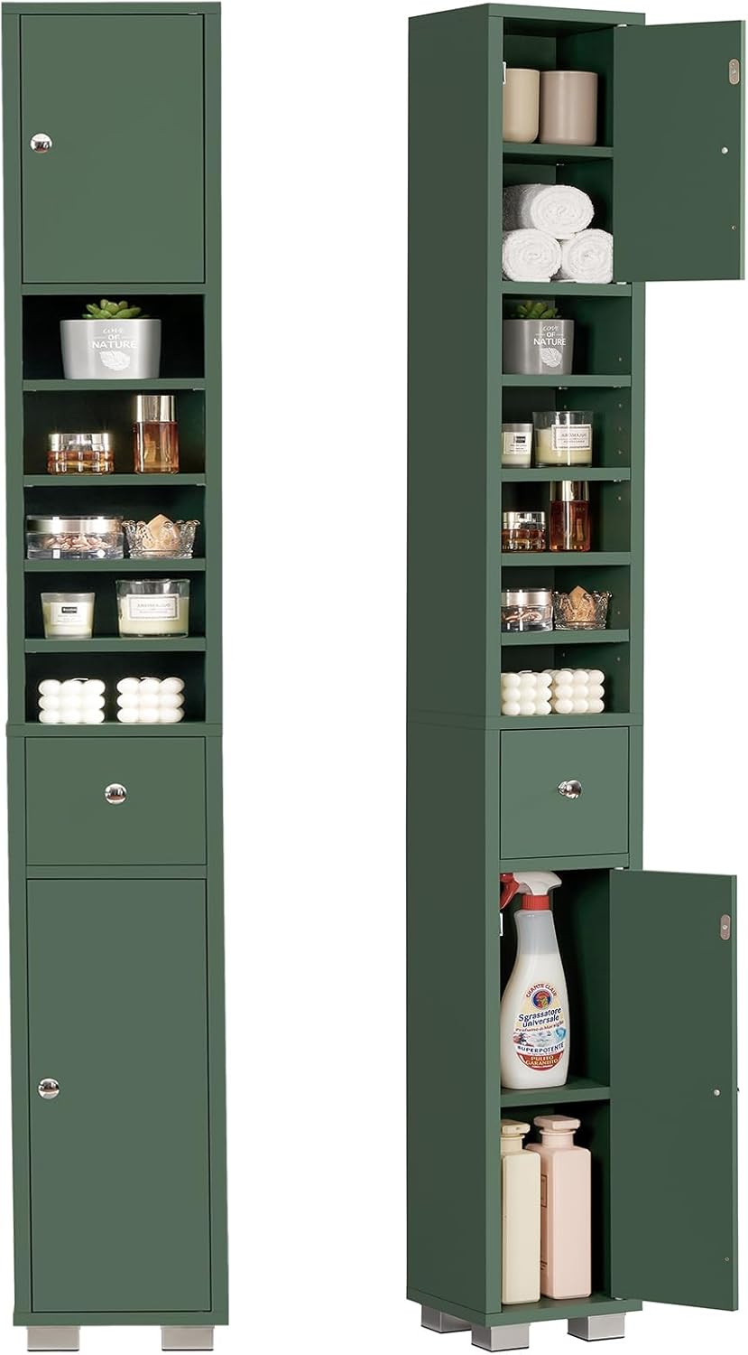 TEENFON Bathroom Cabinet, Narrow Bathroom Storage Cabinet with 5 Adjustable Shelves & Drawer, Freestanding Cupboard for Small Spaces, Green