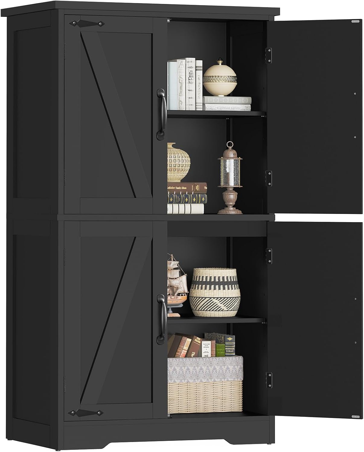 TEENFON Farmhouse Storage Cabinet with 2 Adjustable Shelves, Kitchen Cabinet with 4 Doors, Cupboard for Kitchen, Living Room, Black