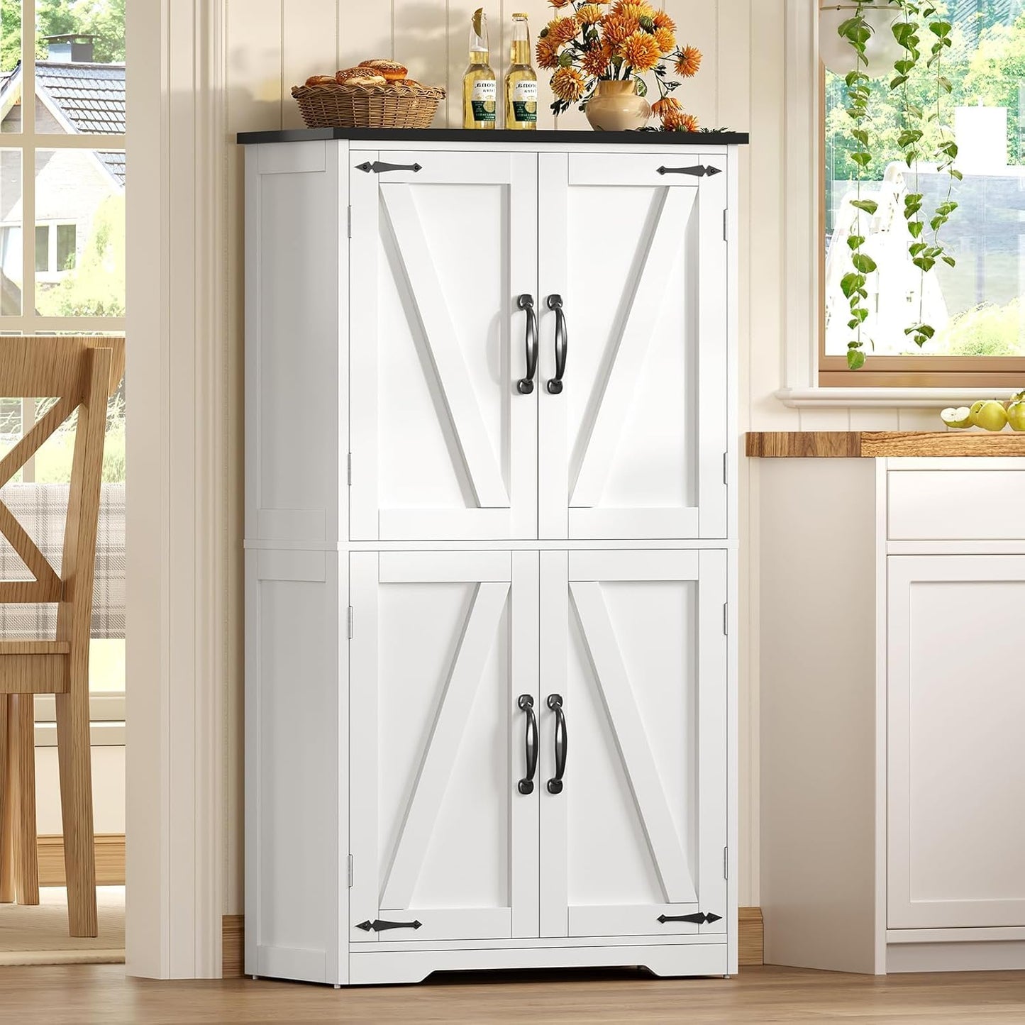 TEENFON Farmhouse Storage Cabinet with 2 Adjustable Shelves, Bathroom Cabinet with 4 Doors, Kitchen Cabinets, Cupboard for Kitchen, Living Room, White